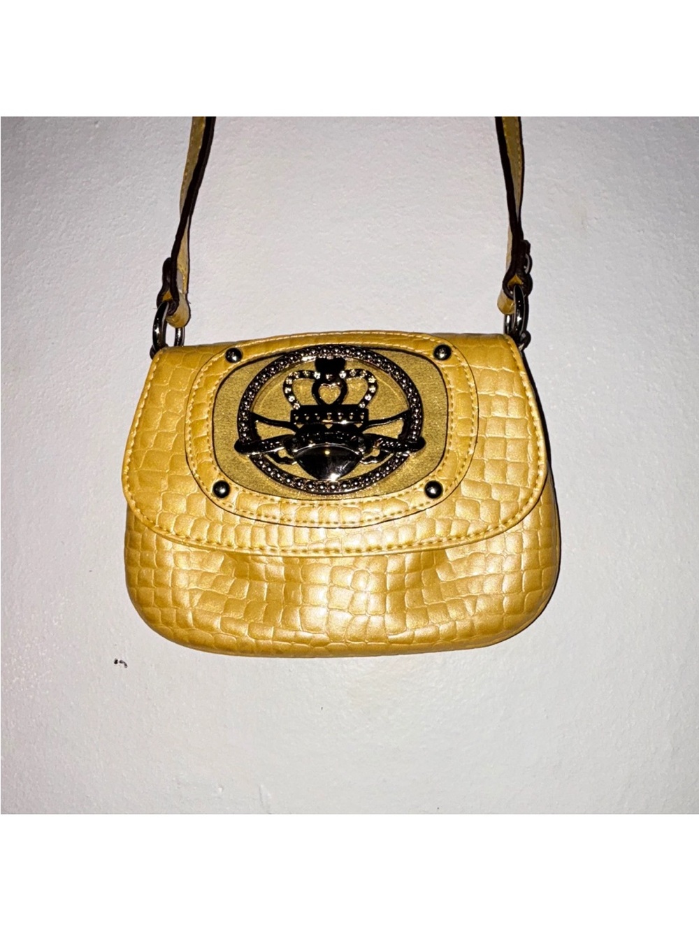 Kathy van zeeland crossbody handbag yellow faux croc leather purse bag